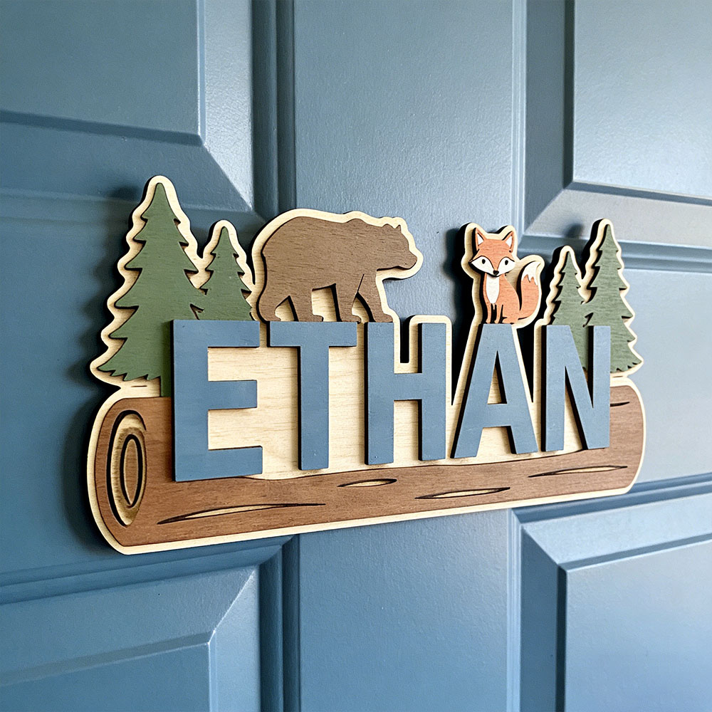 Baby Nursery Baby - Papan Nama Kayu Hewan Hutan Personalisasi
