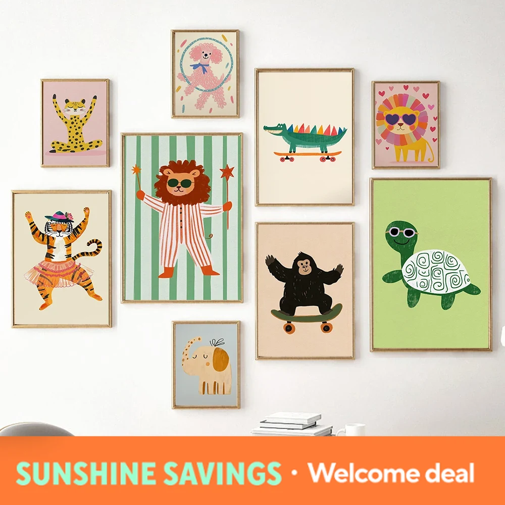 Baby Nursery Jungle Animals - Seni Dinding Yoga Leopard Gajah Singa,