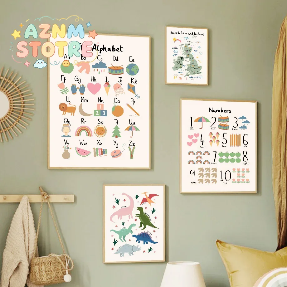 Baby Nursery Images - Peta Dunia Hewan, Alfabet Dinosaurus, Angka,