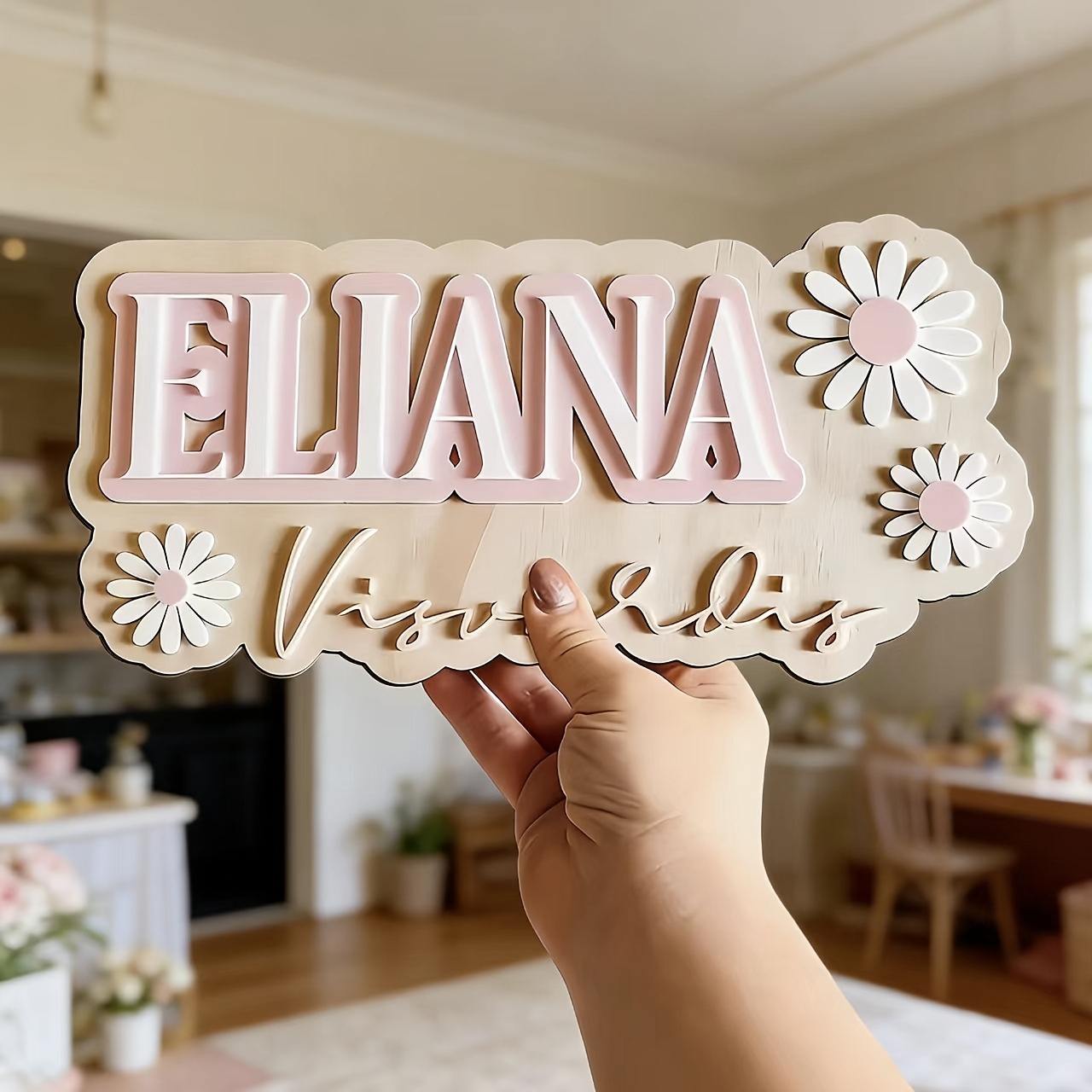 Baby Nursery Accent Wall - Papan Nama Kayu Ganda Motif Daisy